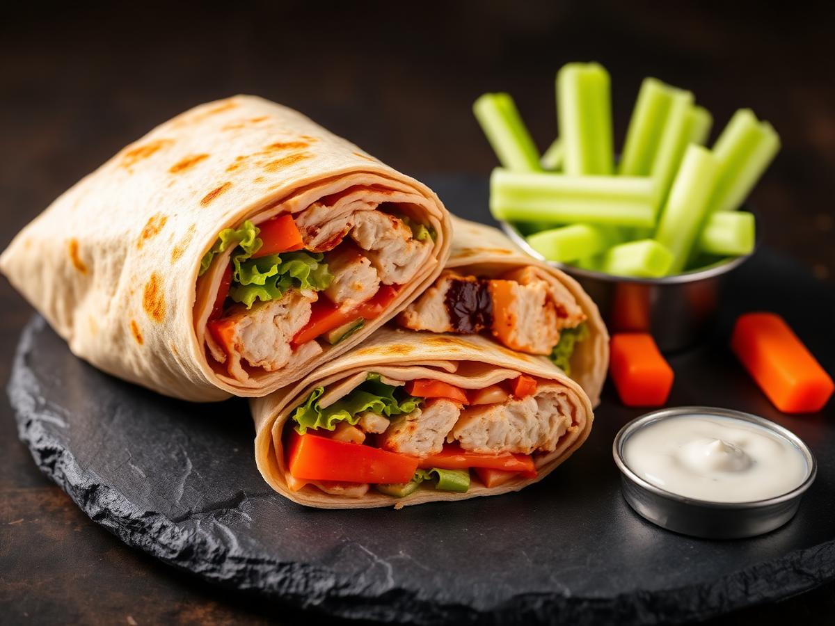 Buffalo chicken wrap with celery and ranch dressing